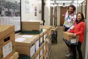 Deputy Public Defender Monique Lee (left) and Head Deputy Rose Reglos enjoy searching for eligible Franklin clients at the Clara Shortridge Foltz Criminal Justice Center downtown LA.